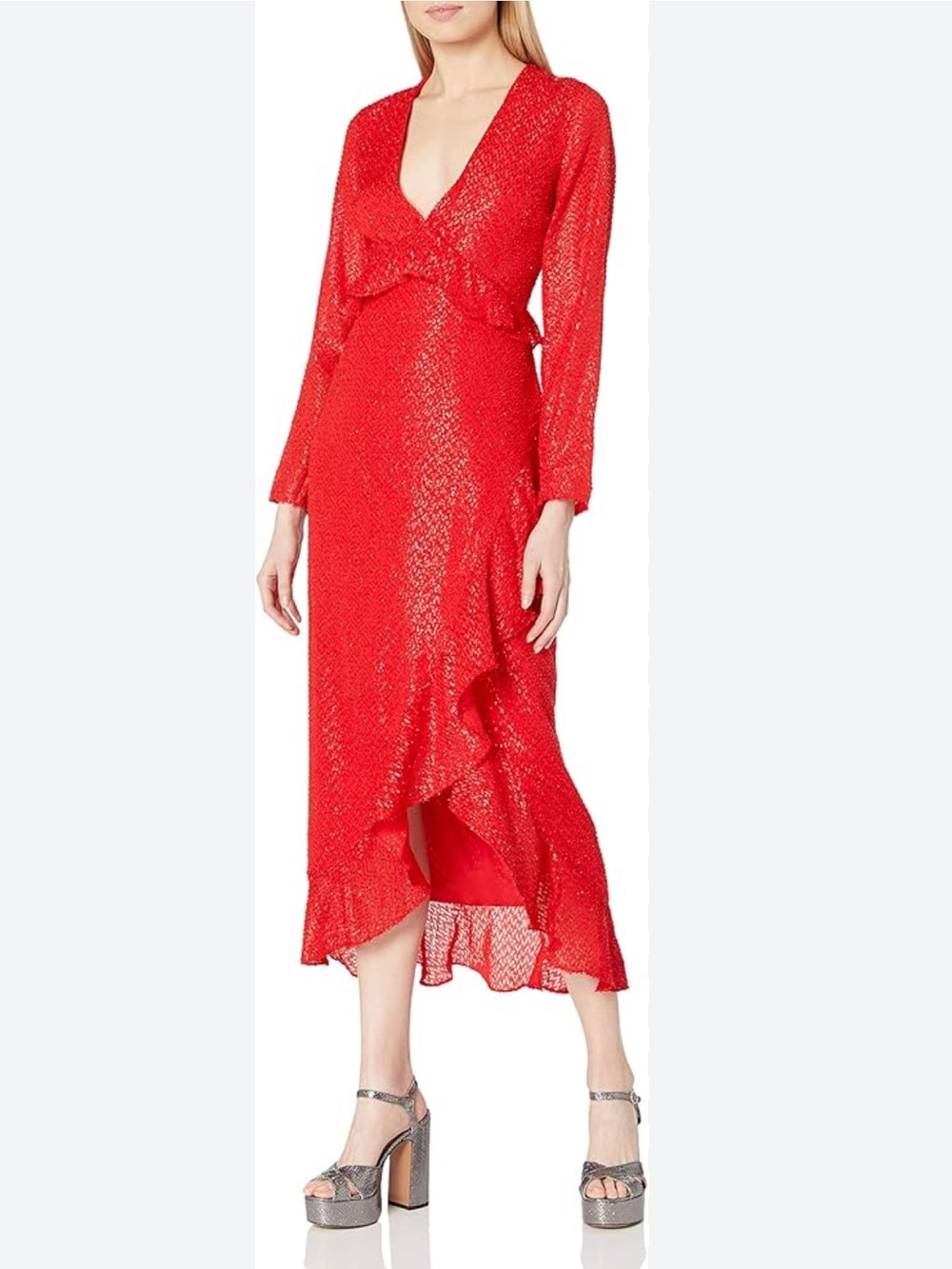 House of Harlow 1960 Red Midi High-Low Wrap Dress